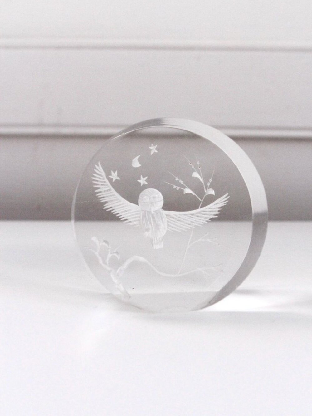 Vintage Reverse-Carved Acrylic Lucite Owl Paperweight Etched Moon Stars Branches